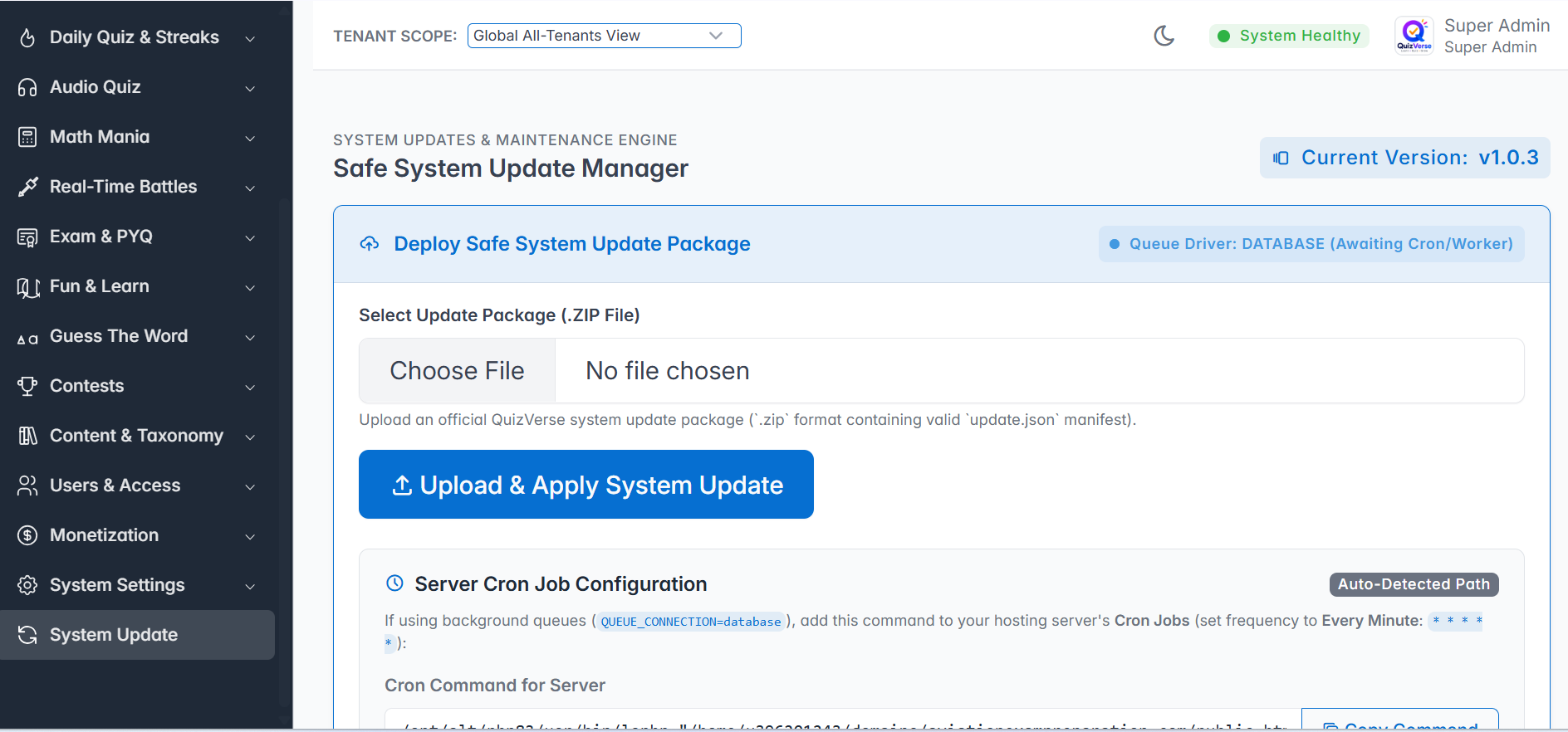 QuizVerse Safe System Update Manager Interface