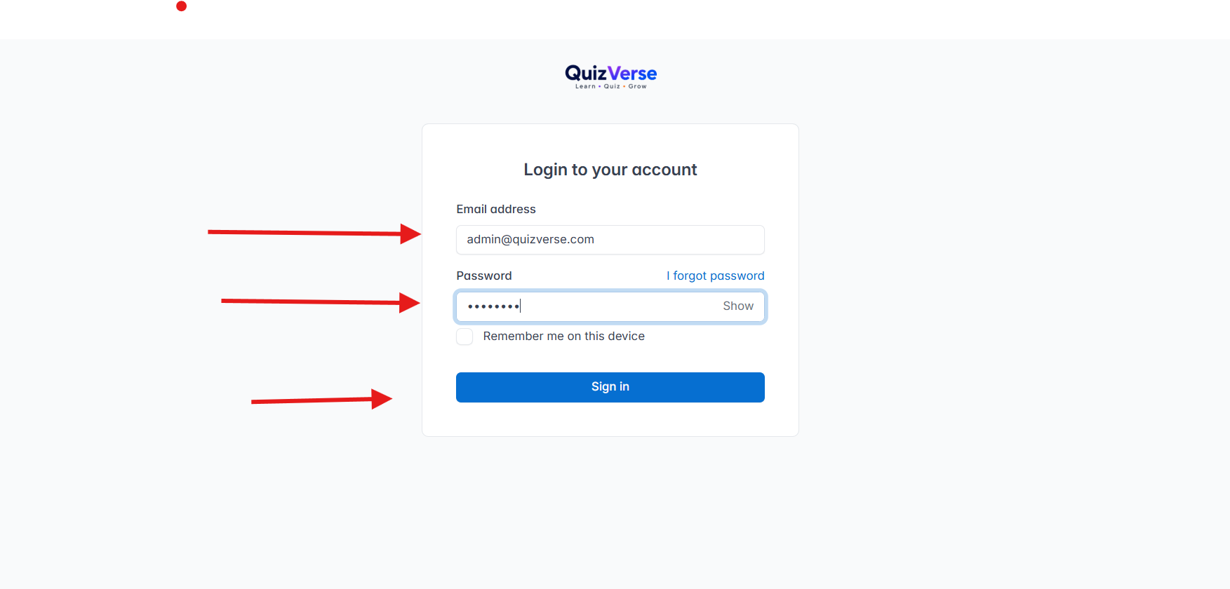 QuizVerse Admin Panel Login Interface