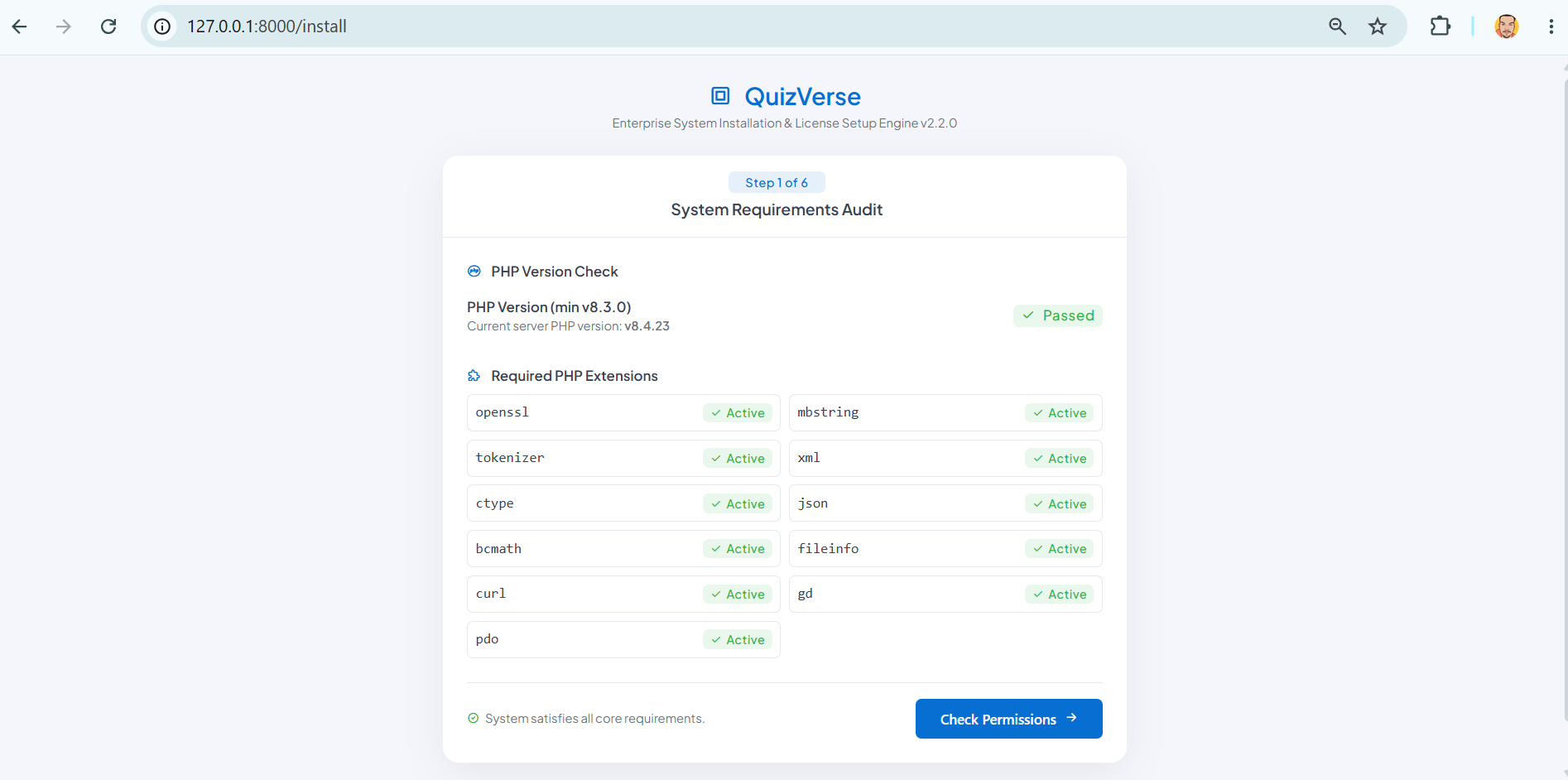 QuizVerse Web Installer Step 1 - Server Requirements & Permissions