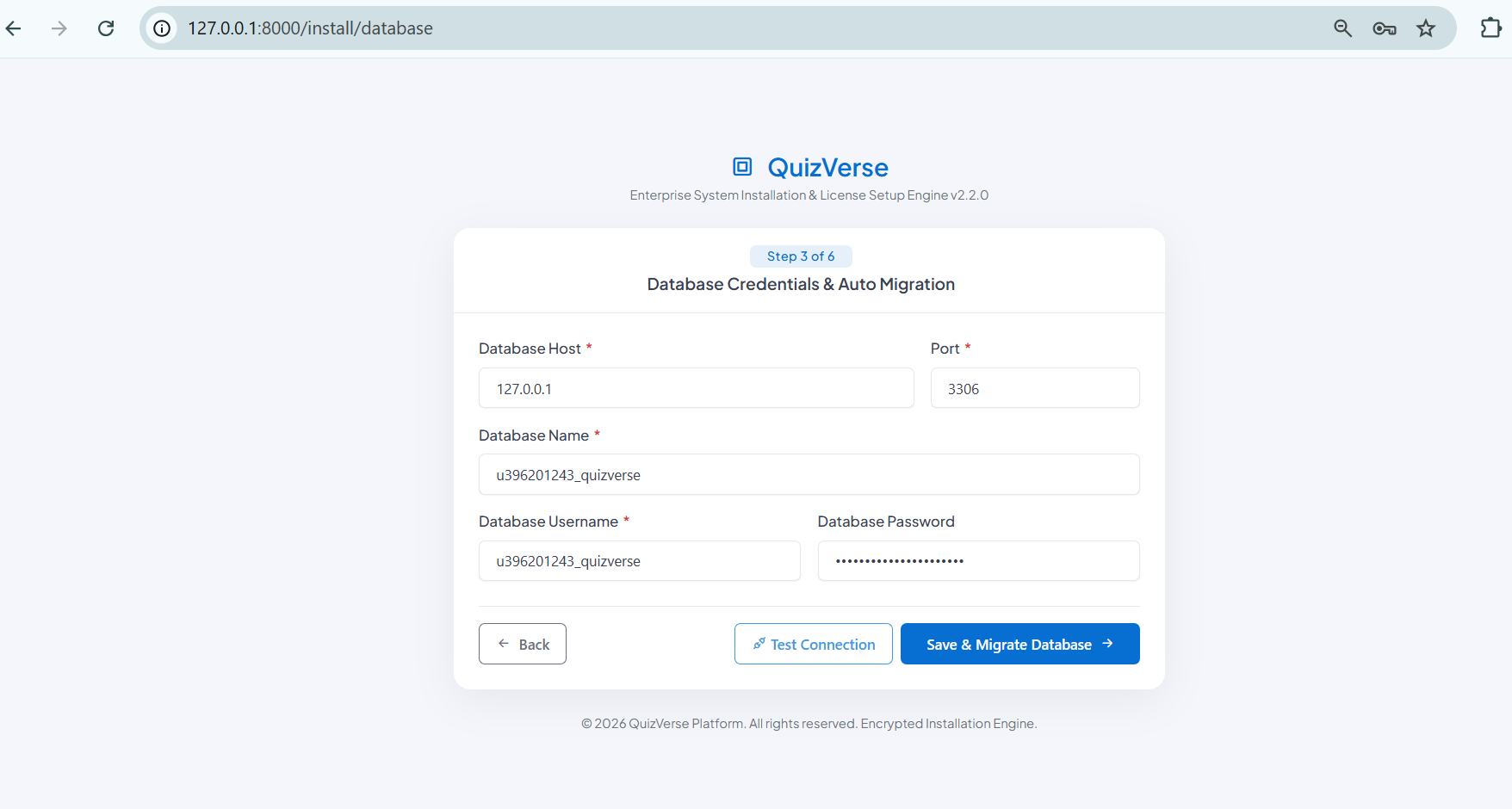 QuizVerse Web Installer Step 3 - Running Migrations