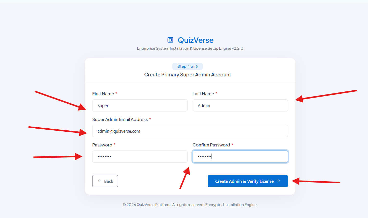 QuizVerse Web Installer Step 4 - Super Admin Account Setup
