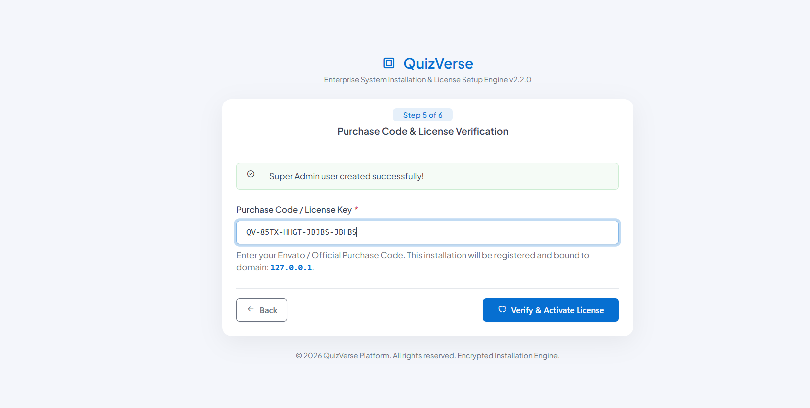 QuizVerse Web Installer Step 5 - Envato License Activation