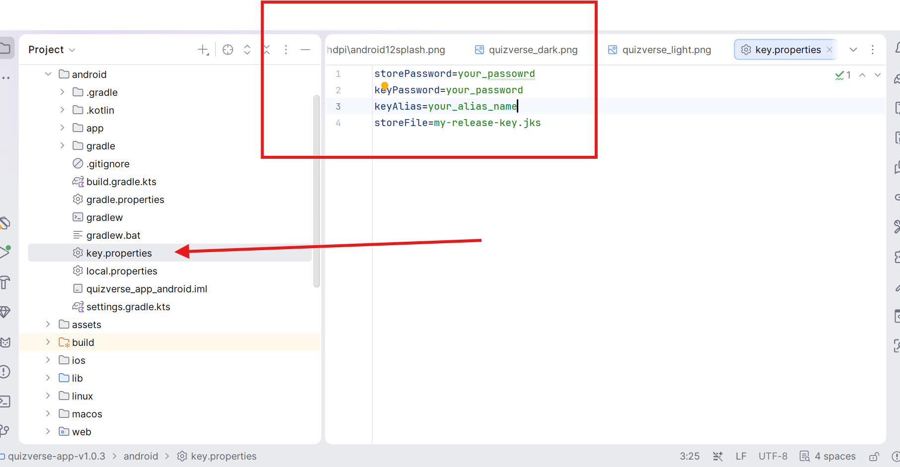 QuizVerse key.properties File Setup in android/key.properties