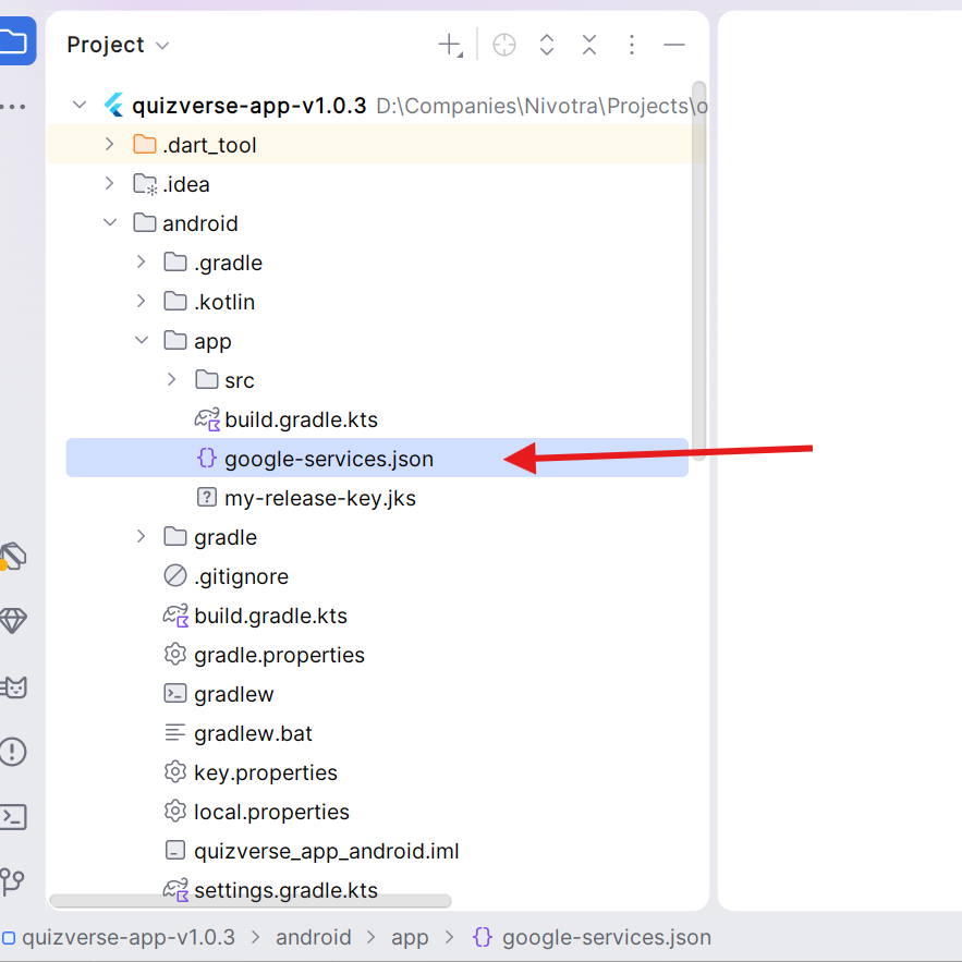 QuizVerse Mobile App - Firebase google-services.json Placement